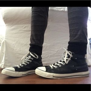Black faux leather high top converse